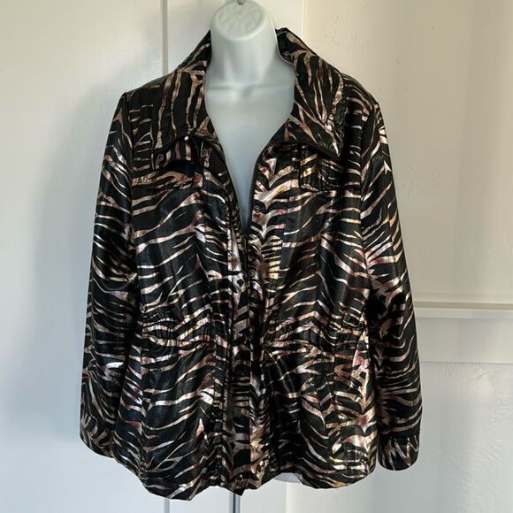 Erin London Women’s Cotton Blend Zebra Print Metallic Front Zip Up & Snap Size L - Picture 1 of 14